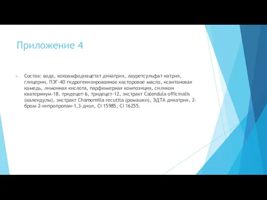 Приложение 4 Состав: вода, кокоамфодиацетат динатрия, лауретсульфат натрия, глицерин, ПЭГ-40