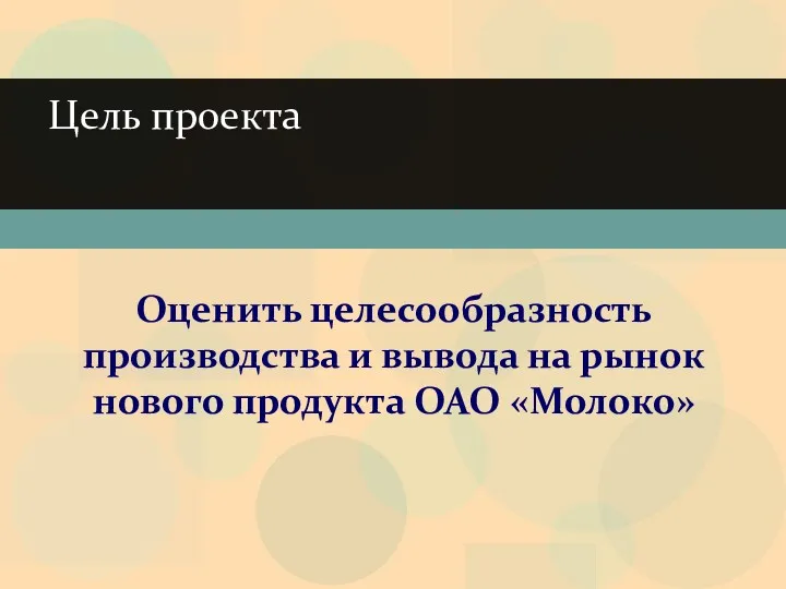 Цель проекта Оценить целесообразность производства и вывода на рынок нового продукта ОАО «Молоко»