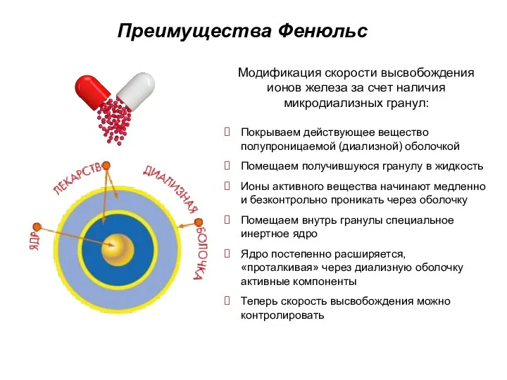 Преимущества Фенюльс Модификация скорости высвобождения ионов железа за счет наличия