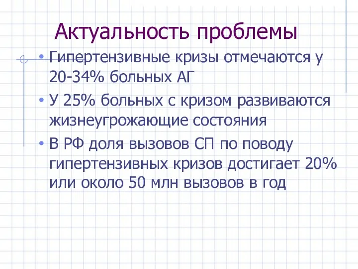 Актуальность проблемы Гипертензивные кризы отмечаются у 20-34% больных АГ У