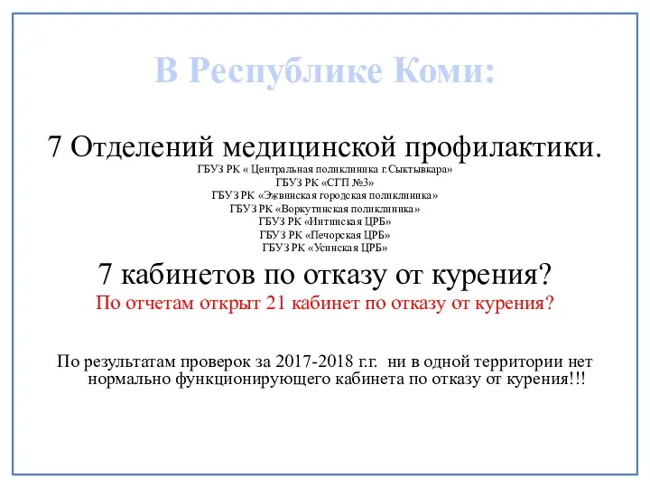 В Республике Коми: 7 Отделений медицинской профилактики. ГБУЗ РК «