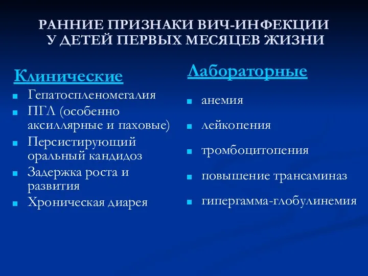 РАННИЕ ПРИЗНАКИ ВИЧ-ИНФЕКЦИИ У ДЕТЕЙ ПЕРВЫХ МЕСЯЦЕВ ЖИЗНИ Клинические Гепатоспленомегалия