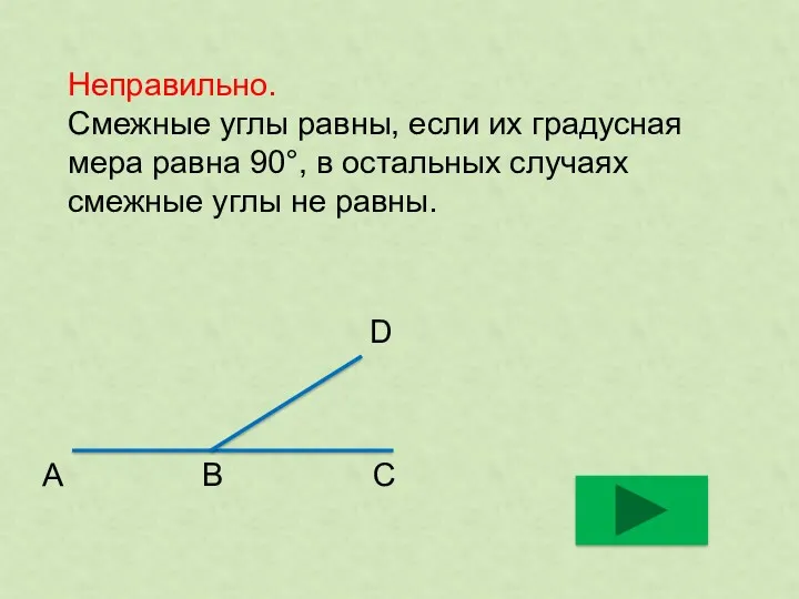 Неправильно. Смежные углы равны, если их градусная мера равна 90°,