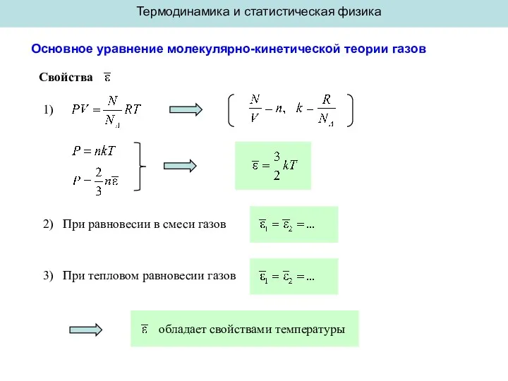 Термодинамика и статистическая физика Основное уравнение молекулярно-кинетической теории газов Свойства