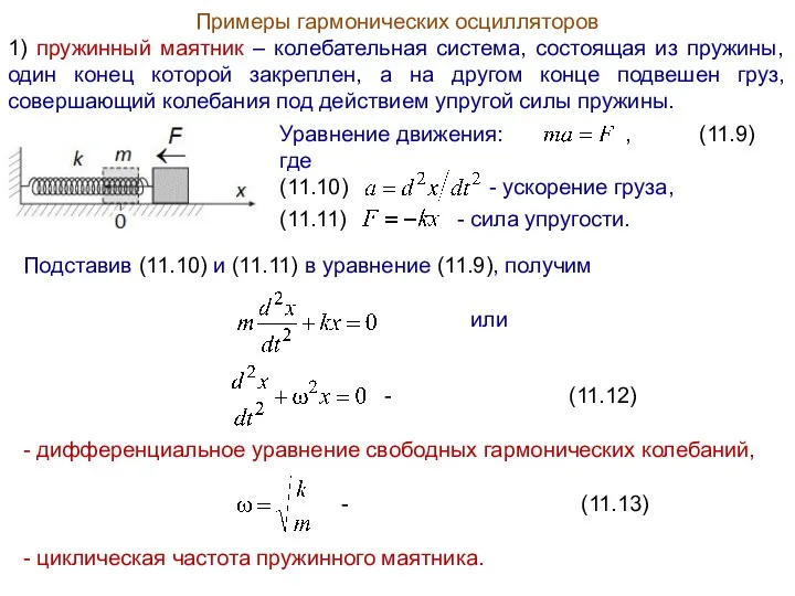 Примеры гармонических осцилляторов 1) пружинный маятник – колебательная система, состоящая