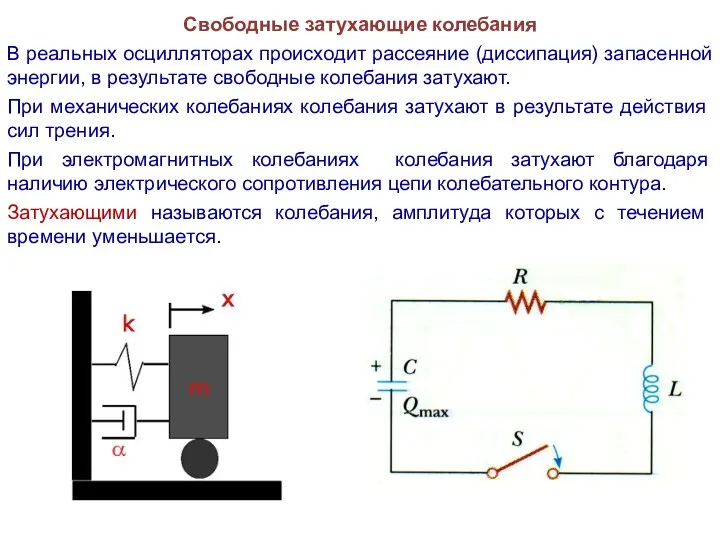 Свободные затухающие колебания В реальных осцилляторах происходит рассеяние (диссипация) запасенной