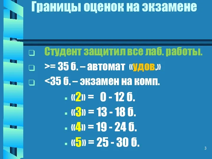 Границы оценок на экзамене «2» = 0 - 12 б.