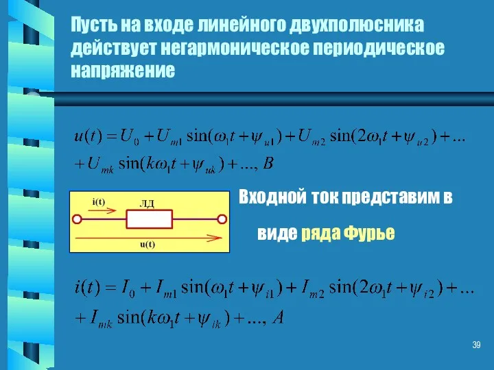 Пусть на входе линейного двухполюсника действует негармоническое периодическое напряжение Входной ток представим в виде ряда Фурье