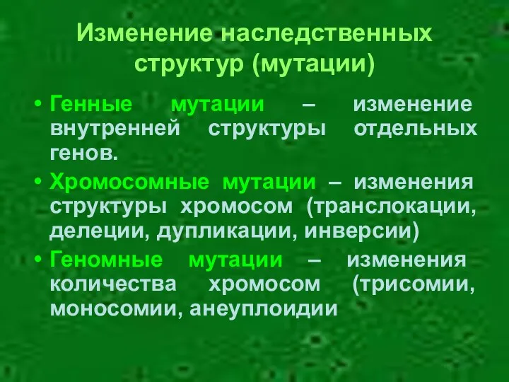 Изменение наследственных структур (мутации) Генные мутации – изменение внутренней структуры