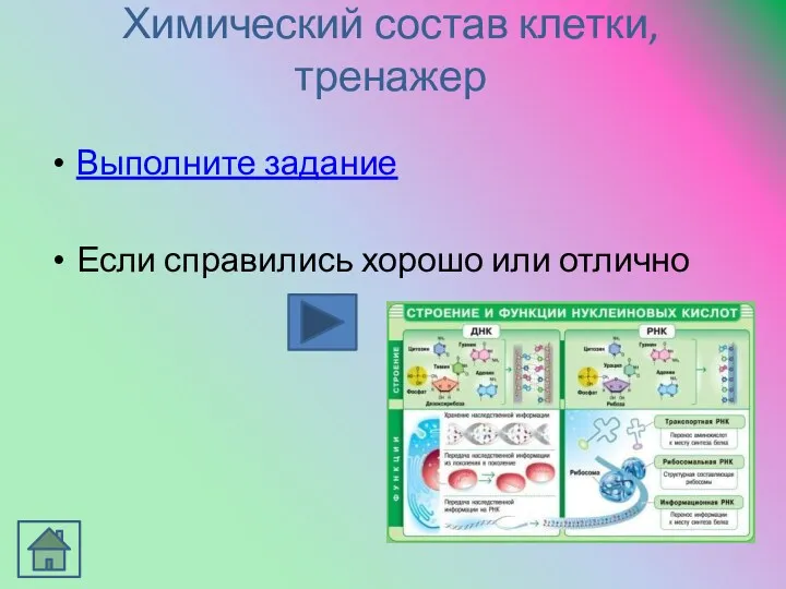 Химический состав клетки, тренажер Выполните задание Если справились хорошо или отлично