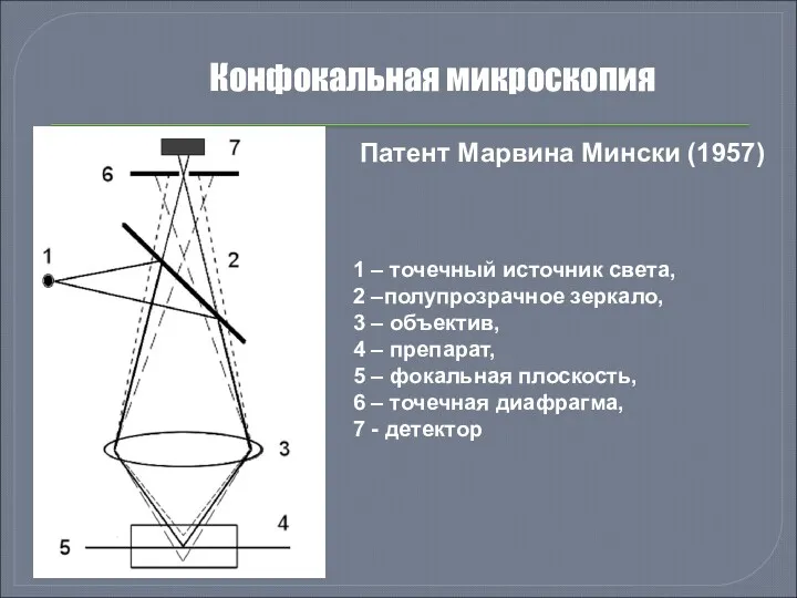 Конфокальная микроскопия Патент Марвина Мински (1957) 1 – точечный источник