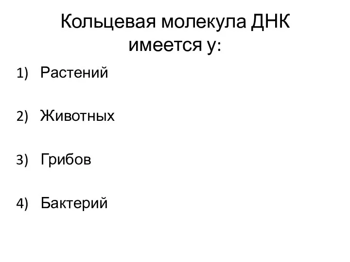 Кольцевая молекула ДНК имеется у: Растений Животных Грибов Бактерий