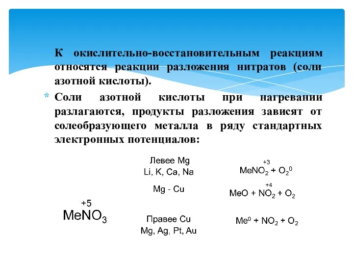 К окислительно-восстановительным реакциям относятся реакции разложения нитратов (соли азотной кислоты).