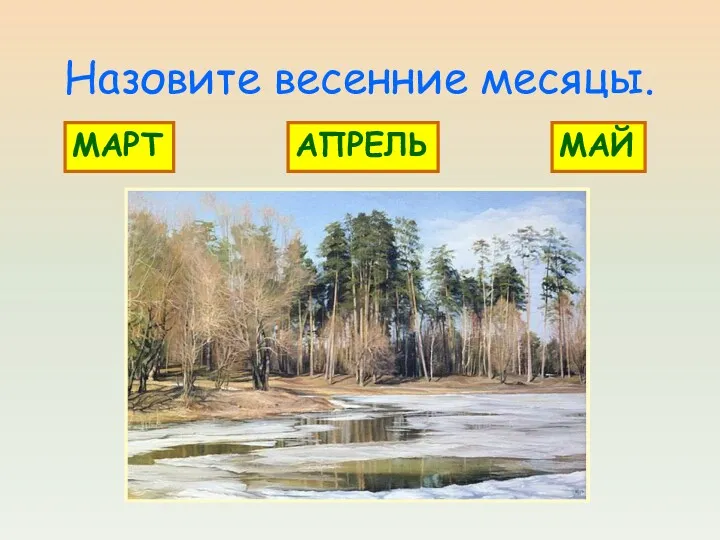 Назовите весенние месяцы. МАРТ АПРЕЛЬ МАЙ