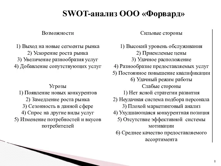 SWOT-анализ ООО «Форвард»