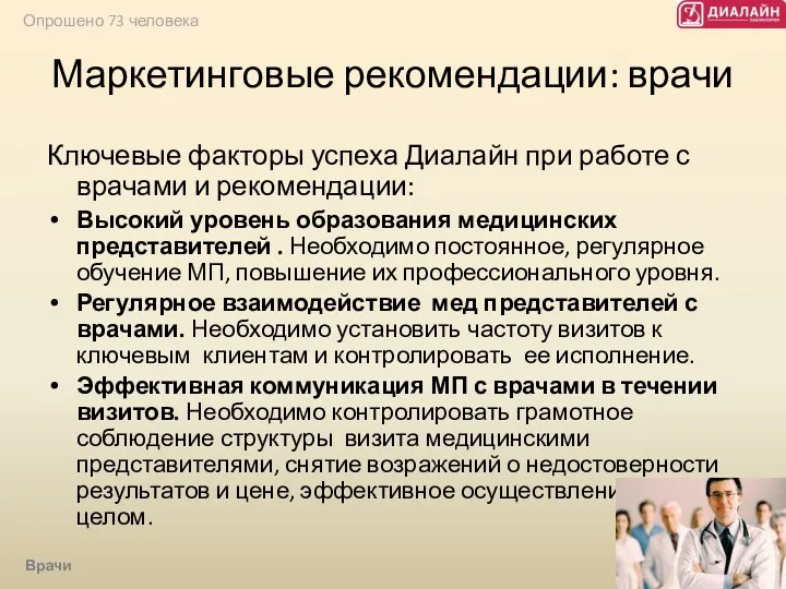 Маркетинговые рекомендации: врачи Ключевые факторы успеха Диалайн при работе с врачами и рекомендации: