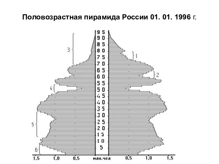 Половозрастная пирамида России 01. 01. 1996 г.