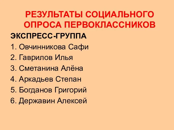 РЕЗУЛЬТАТЫ СОЦИАЛЬНОГО ОПРОСА ПЕРВОКЛАССНИКОВ ЭКСПРЕСС-ГРУППА 1. Овчинникова Сафи 2. Гаврилов