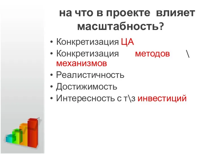 на что в проекте влияет масштабность? Конкретизация ЦА Конкретизация методов