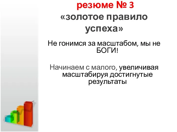 резюме № 3 «золотое правило успеха» Не гонимся за масштабом,