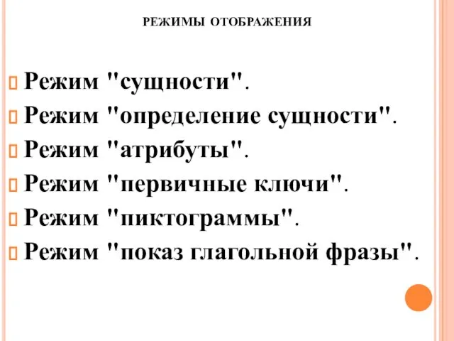 режимы отображения Режим "сущности". Режим "определение сущности". Режим "атрибуты". Режим "первичные ключи". Режим