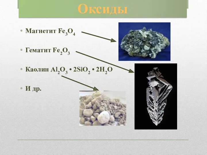 Оксиды Магнетит Fe3O4 Гематит Fe2O3 Каолин Al2O3 • 2SiO2 • 2H2O И др.