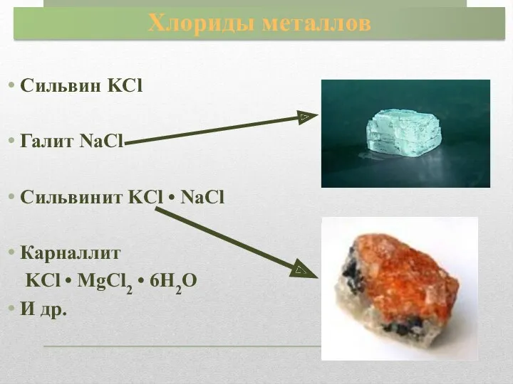 Сильвин KCl Галит NaCl Сильвинит KCl • NaCl Карналлит KCl