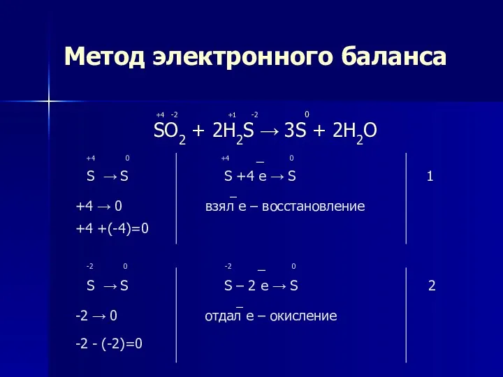 Метод электронного баланса +4 -2 +1 -2 0 SO2 +