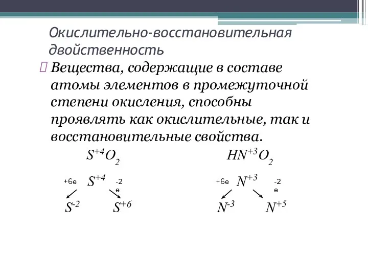 Окислительно-восстановительная двойственность Вещества, содержащие в составе атомы элементов в промежуточной