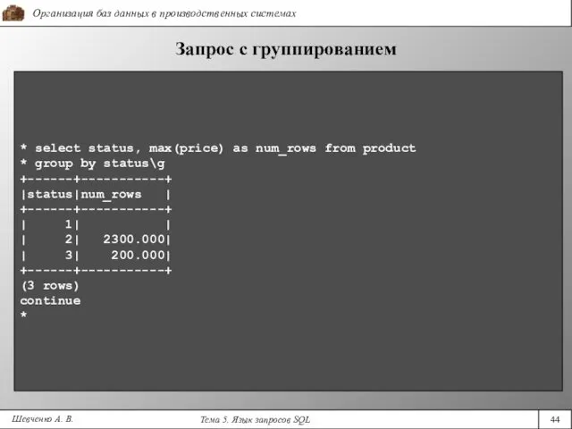 Шевченко А. В. Запрос с группированием * select status, max(price)