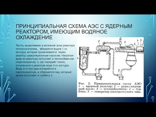 ПРИНЦИПИАЛЬНАЯ СХЕМА АЭС С ЯДЕРНЫМ РЕАКТОРОМ, ИМЕЮЩИМ ВОДЯНОЕ ОХЛАЖДЕНИЕ Тепло,