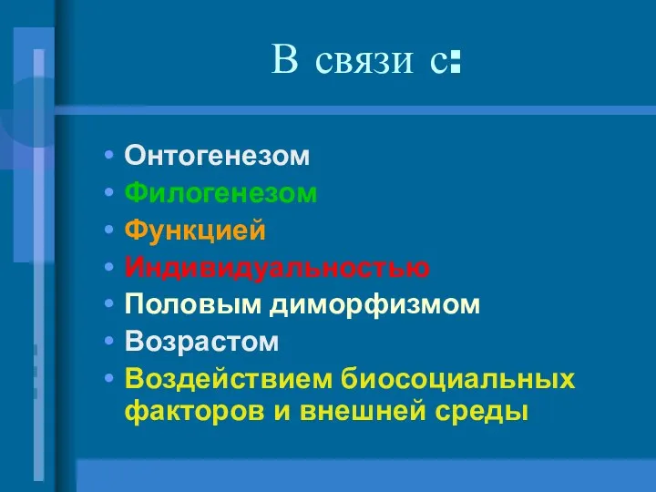 В связи с: Онтогенезом Филогенезом Функцией Индивидуальностью Половым диморфизмом Возрастом Воздействием биосоциальных факторов и внешней среды