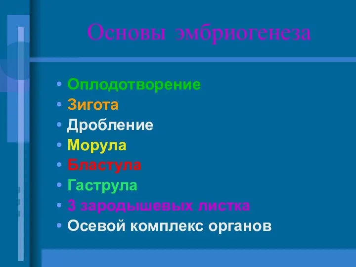 Основы эмбриогенеза Оплодотворение Зигота Дробление Морула Бластула Гаструла 3 зародышевых листка Осевой комплекс органов