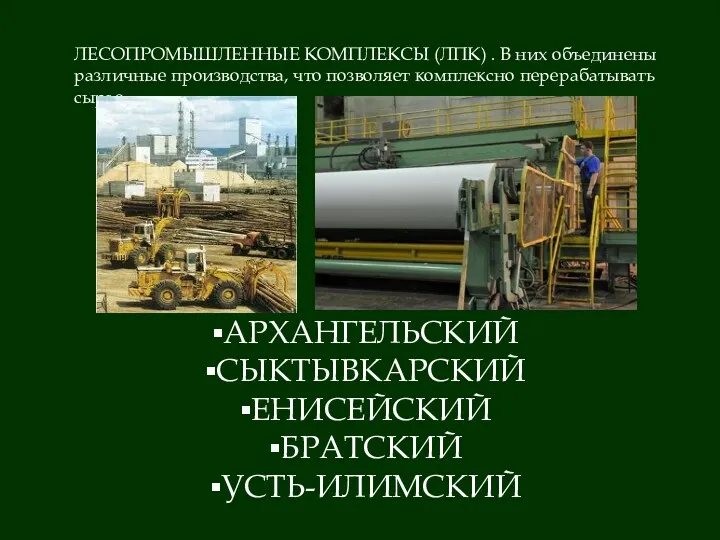 ЛЕСОПРОМЫШЛЕННЫЕ КОМПЛЕКСЫ (ЛПК) . В них объединены различные производства, что