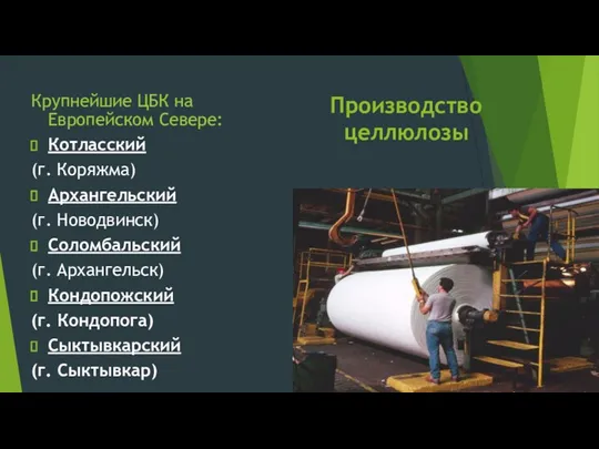 Производство целлюлозы Крупнейшие ЦБК на Европейском Севере: Котласский (г. Коряжма) Архангельский (г. Новодвинск)