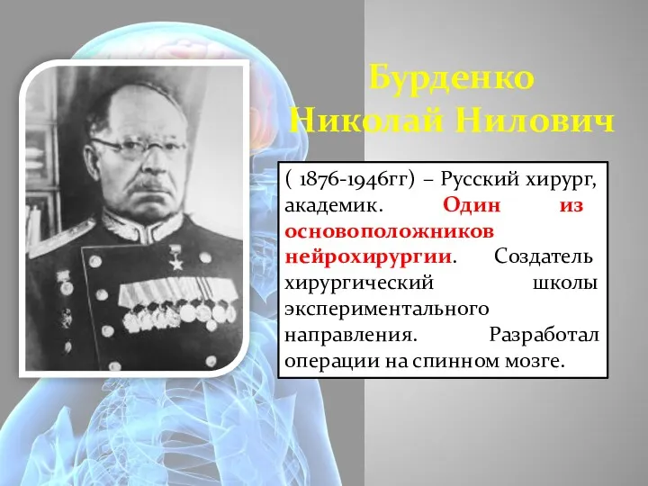 Бурденко Николай Нилович ( 1876-1946гг) – Русский хирург, академик. Один