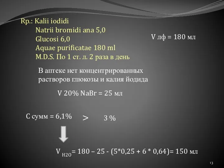 Rp.: Kalii iodidi Natrii bromidi ana 5,0 Glucosi 6,0 Aquae