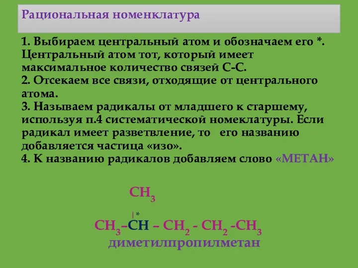 Рациональная номенклатура 1. Выбираем центральный атом и обозначаем его *.