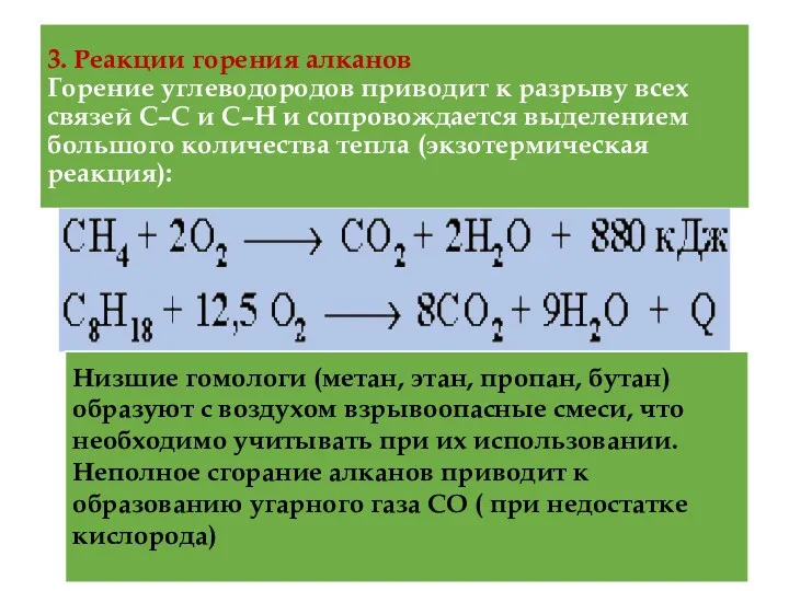 3. Реакции горения алканов Горение углеводородов приводит к разрыву всех