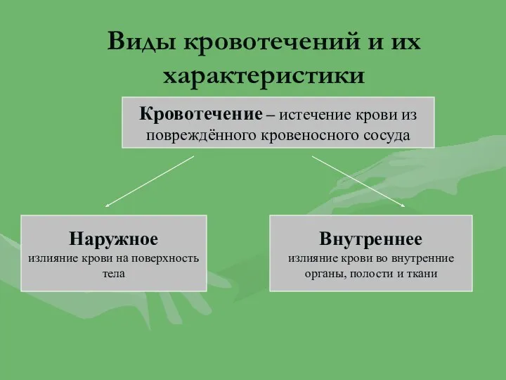 Виды кровотечений и их характеристики Наружное излияние крови на поверхность