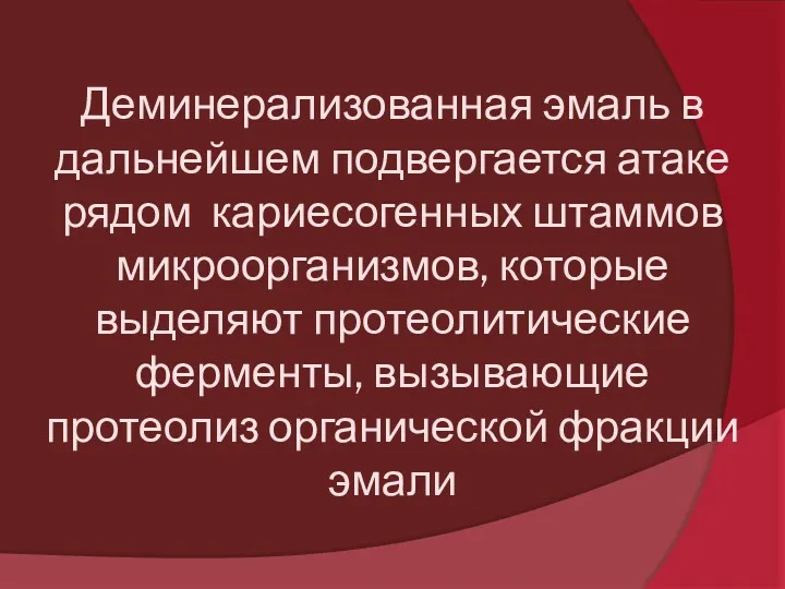 Деминерализованная эмаль в дальнейшем подвергается атаке рядом кариесогенных штаммов микроорганизмов,