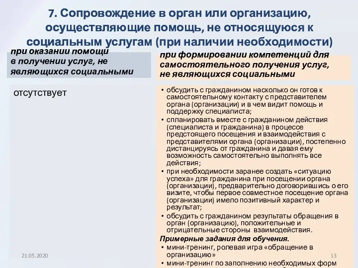 7. Сопровождение в орган или организацию, осуществляющие помощь, не относящуюся