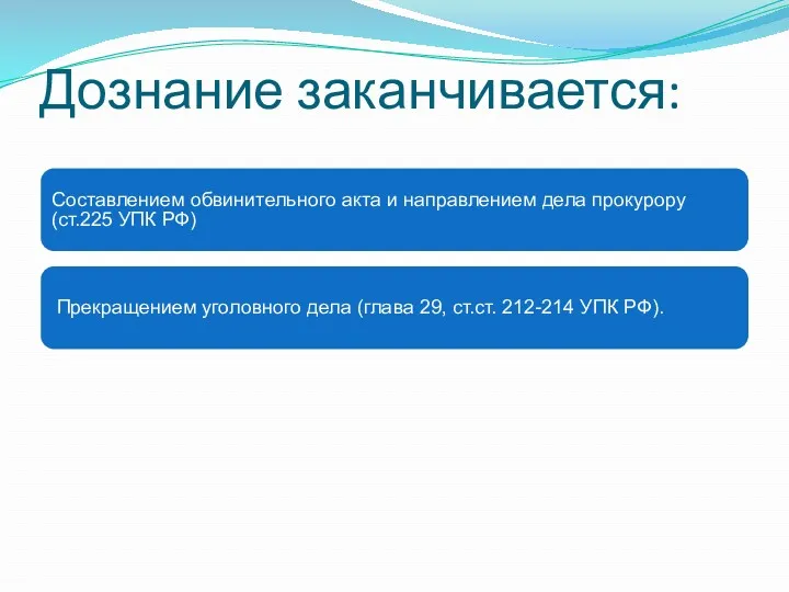 Дознание заканчивается: Составлением обвинительного акта и направлением дела прокурору (ст.225 УПК РФ) Прекращением