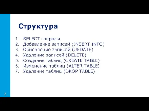 Структура SELECT запросы Добавление записей (INSERT INTO) Обновление записей (UPDATE)