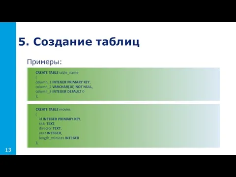 Примеры: 5. Создание таблиц 13 CREATE TABLE table_name ( column_1