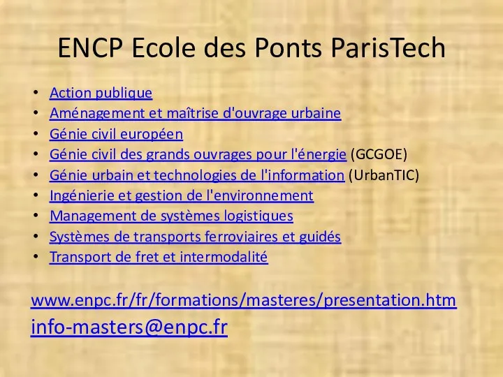 ENCP Ecole des Ponts ParisTech Action publique Aménagement et maîtrise d'ouvrage urbaine Génie