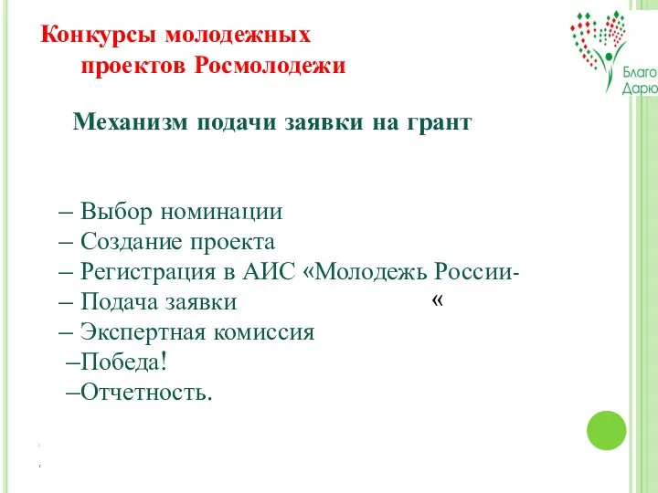 . Механизм подачи заявки на грант – Выбор номинации – Создание проекта –