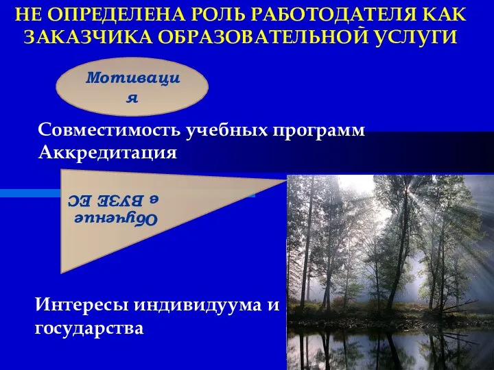 НЕ ОПРЕДЕЛЕНА РОЛЬ РАБОТОДАТЕЛЯ КАК ЗАКАЗЧИКА ОБРАЗОВАТЕЛЬНОЙ УСЛУГИ Мотивация Совместимость учебных программ Аккредитация