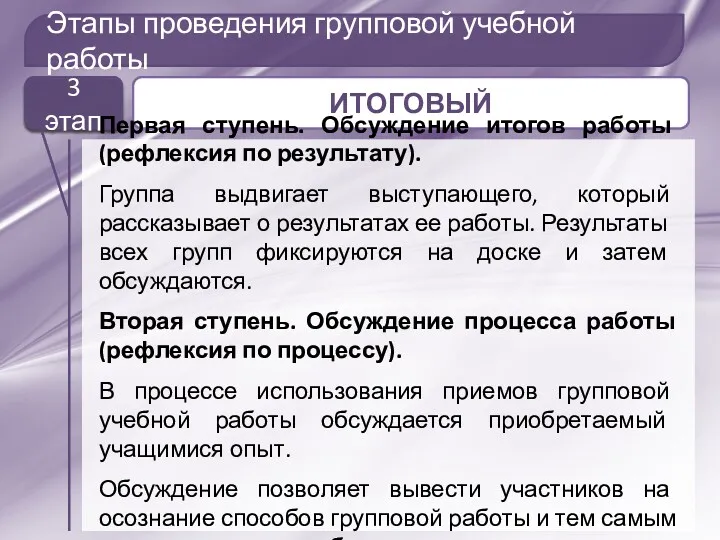 Этапы проведения групповой учебной работы Первая ступень. Обсуждение итогов работы