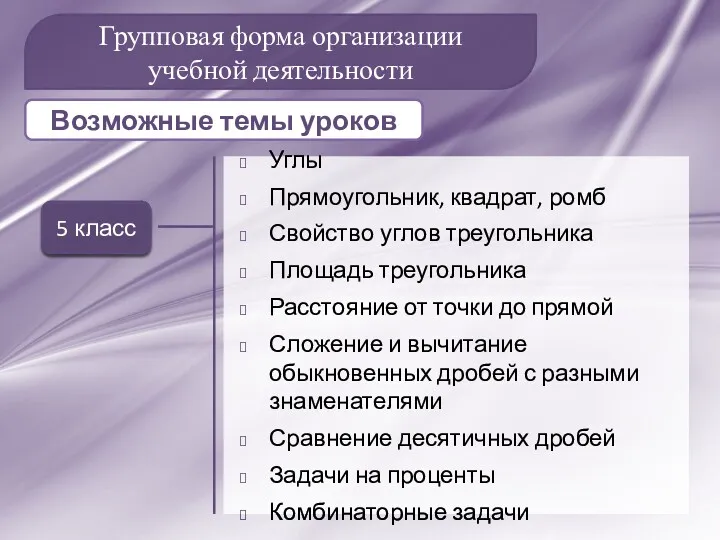 Групповая форма организации учебной деятельности Углы Прямоугольник, квадрат, ромб Свойство